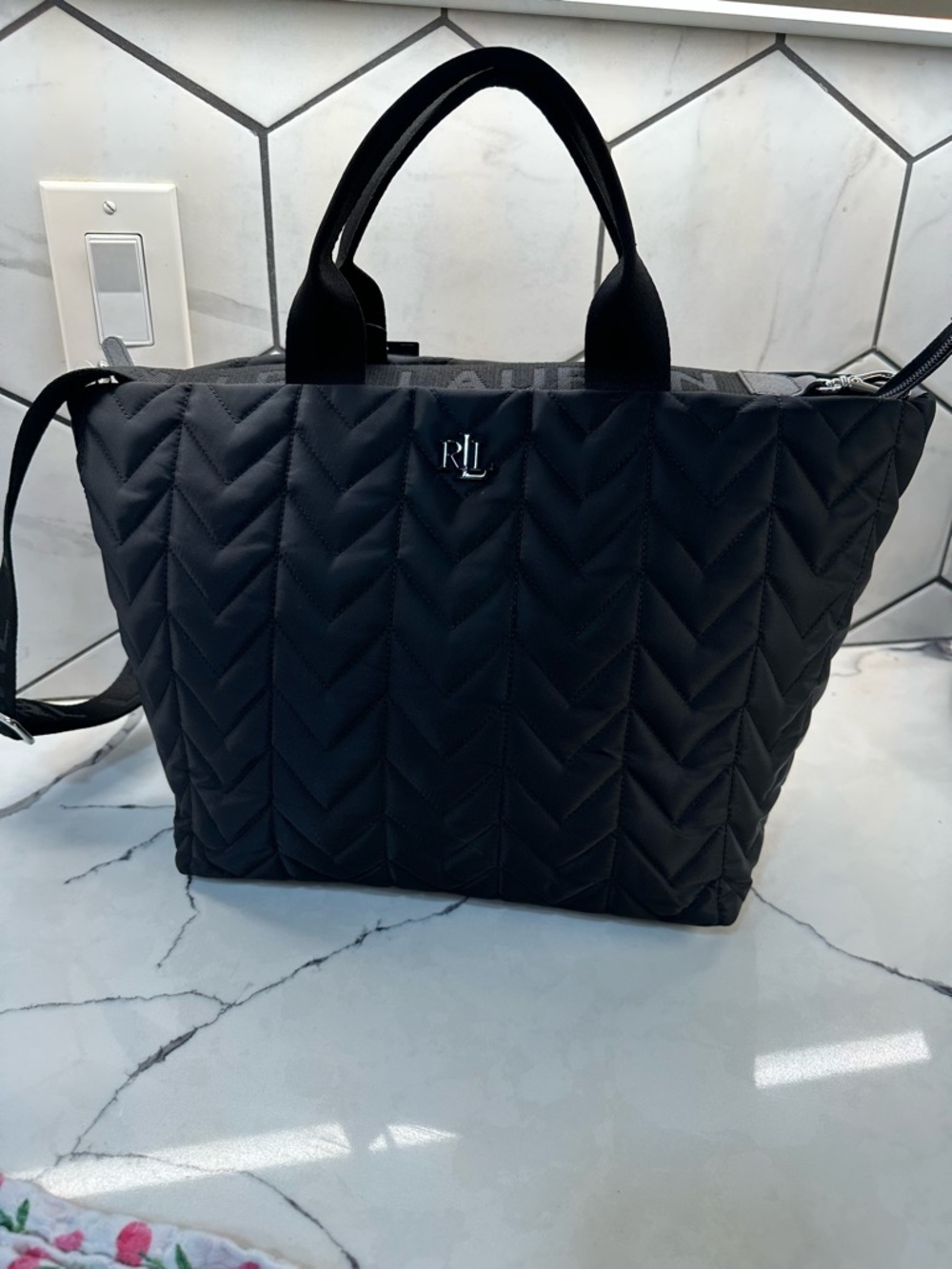 Ralph Lauren Black Quilted Tote with RL Logo